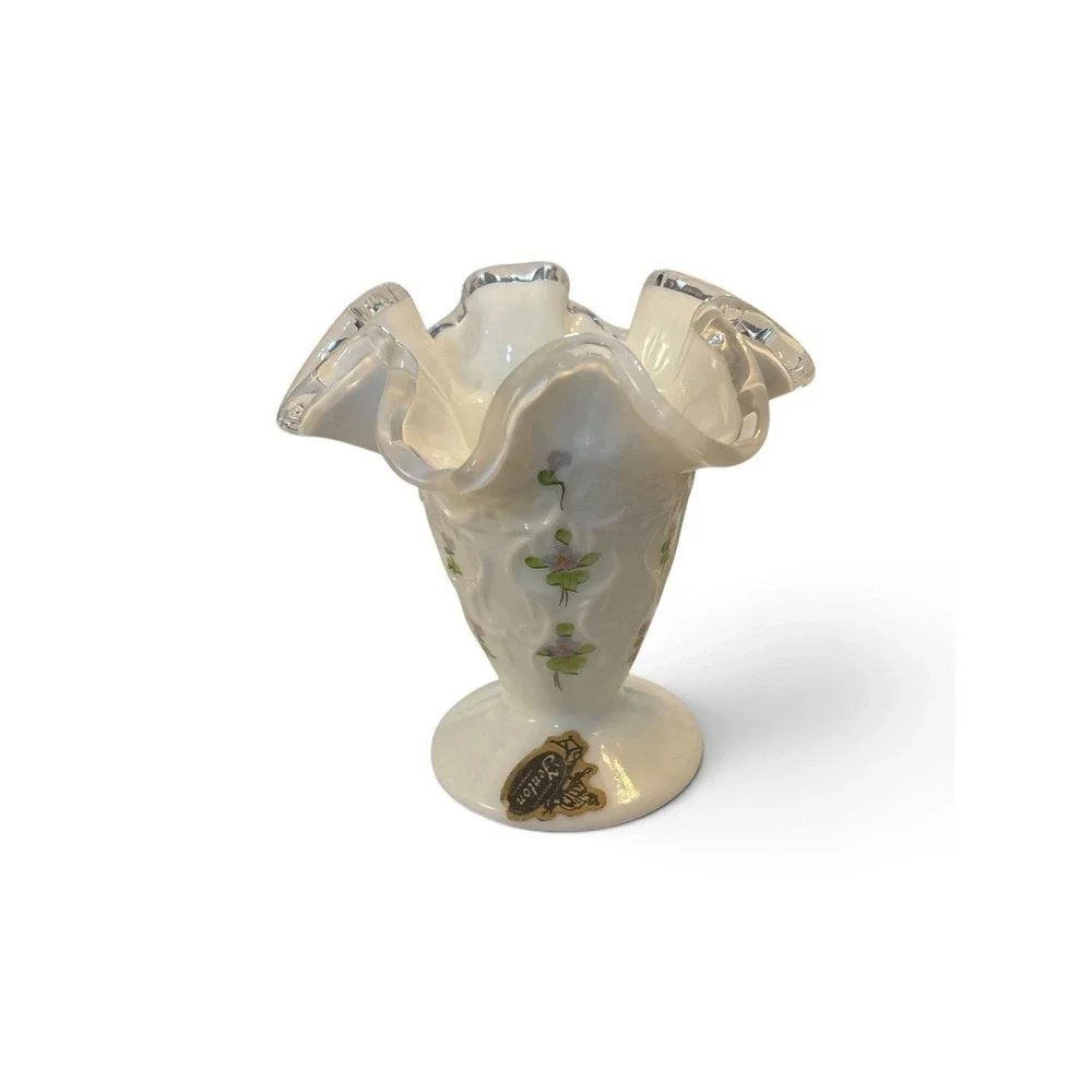 Fenton Milk Glass Violets hand paint Spanish Lace Silver Crest Ruffled Vase 4